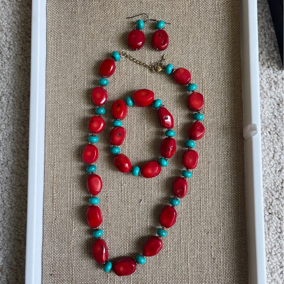 LUO Red Coral, Turquoise, and 925 silver Necklace bracelet and earrings set - Picture 2 of 5